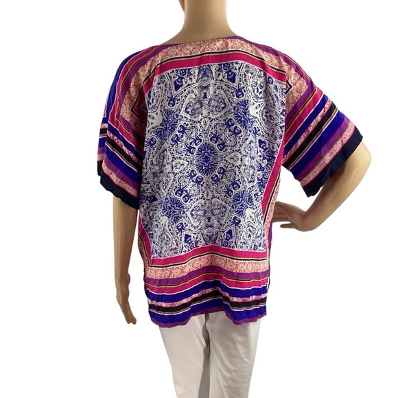 Trina Turk Floria Tunic Silk Boho Print V-Neck Top Pink Blue Size M - Picture 5 of 7